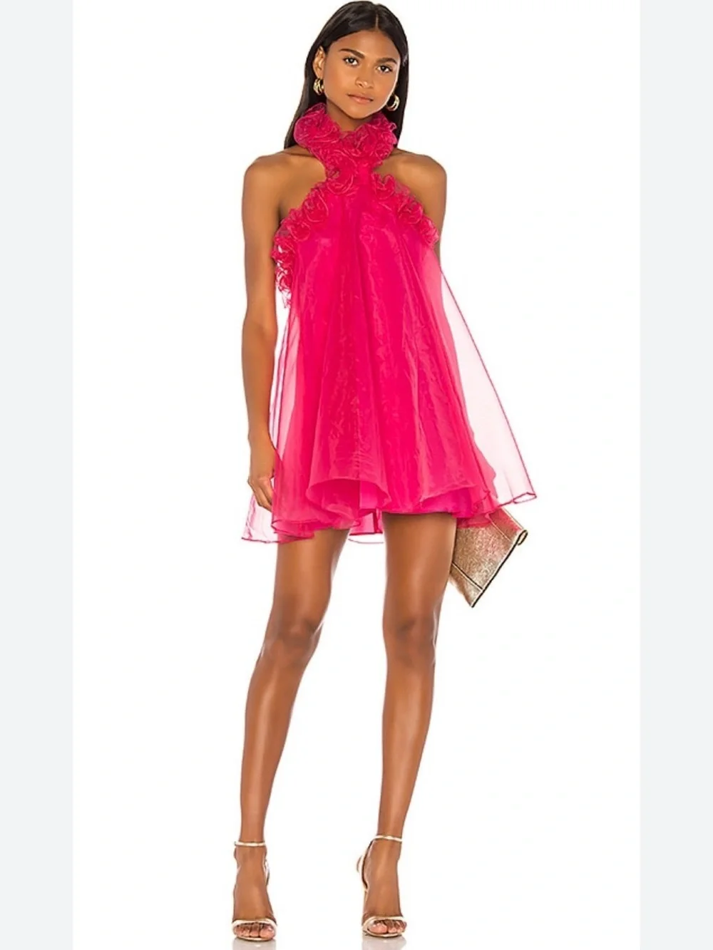 Lovers + Friends Capri Mini Dress Size S Hot Pink Halter Babydoll Organza Party